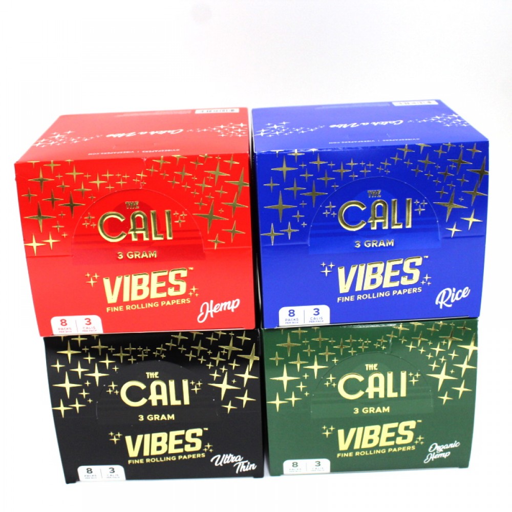 Cali Vibes organic hemp cones 3g featuring 3 cones per pack, 8 packs per box, and 24 cones total in convenient branded packaging.