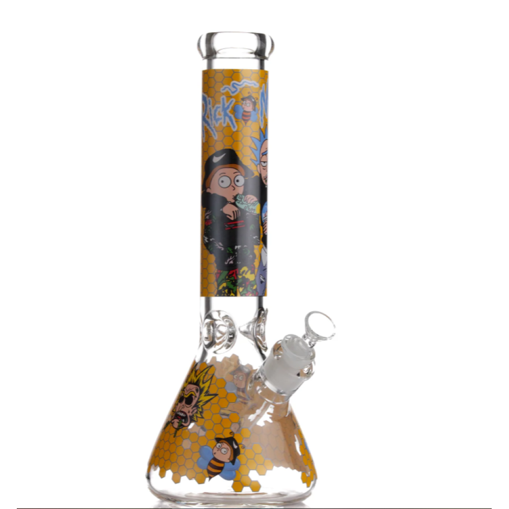 10 Inch Beaker Style Glass Water Pipe Featuring Vibrant Colorful Decal Artwork, 14mm Male Glass Bowl, and Classic Beaker Base Design