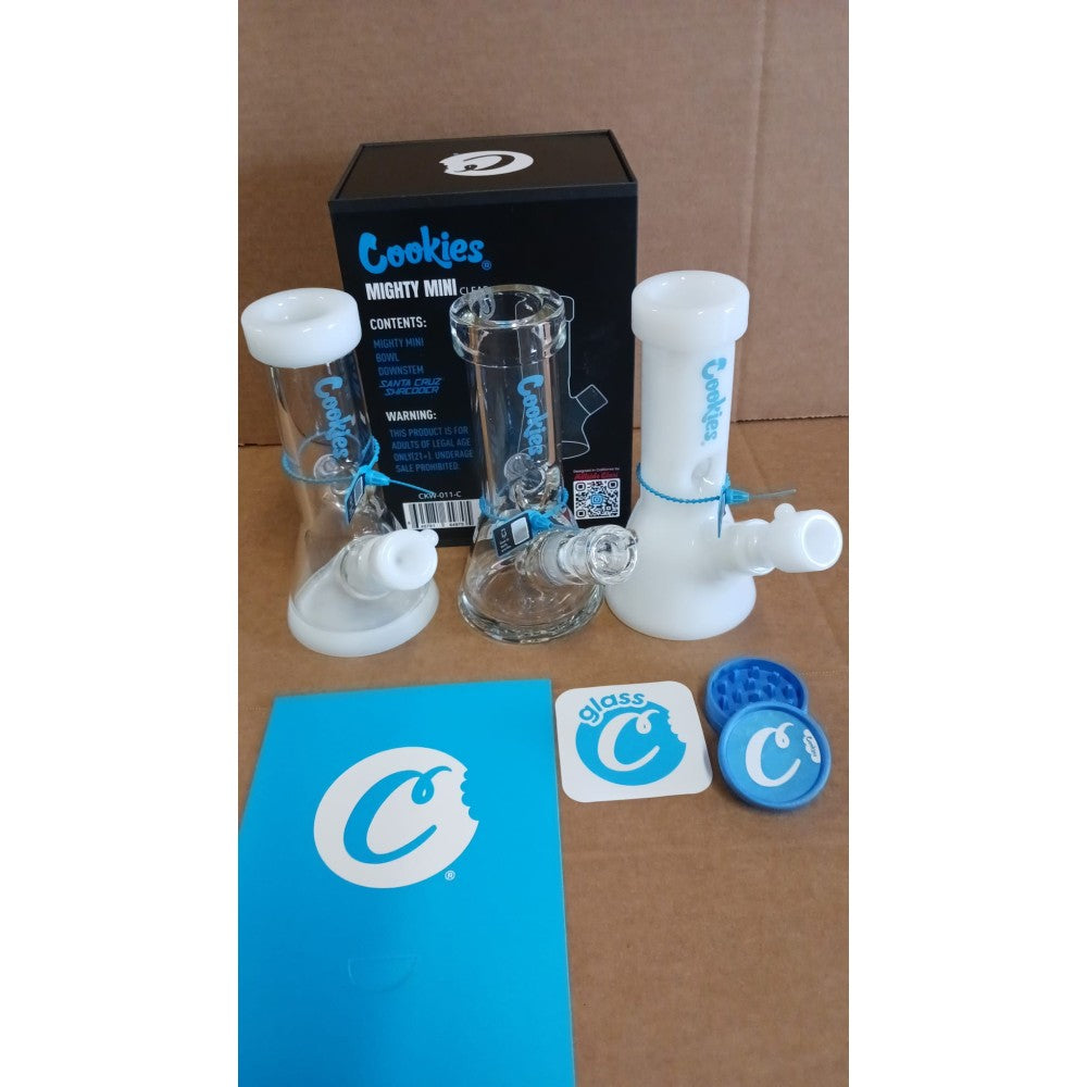 Cookies Mini Beaker Glass Water Pipe featuring a compact beaker-shaped design, durable glass construction, stable base, smooth polished finish, and sleek appearance.