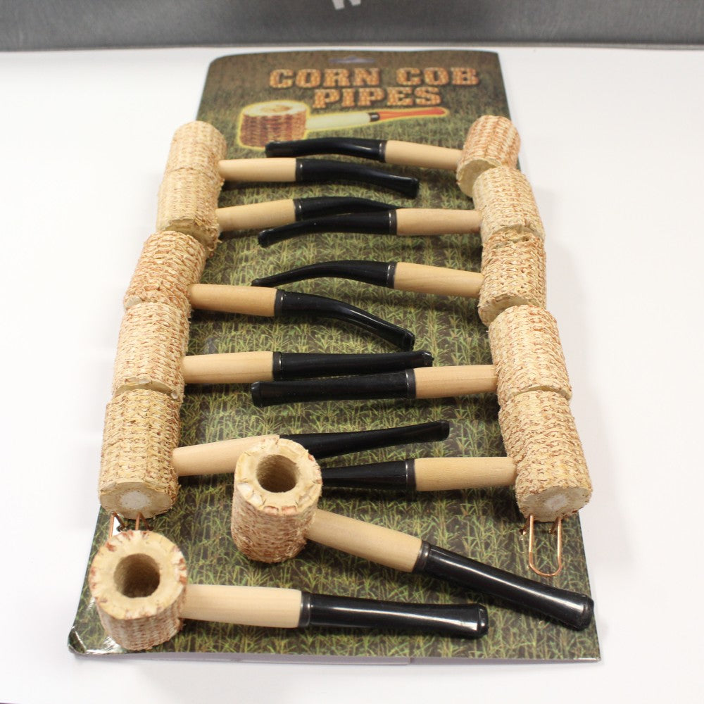 Corn cob pipes 12 per pack featuring a traditional design, lightweight natural construction, rustic appearance, and classic styling.