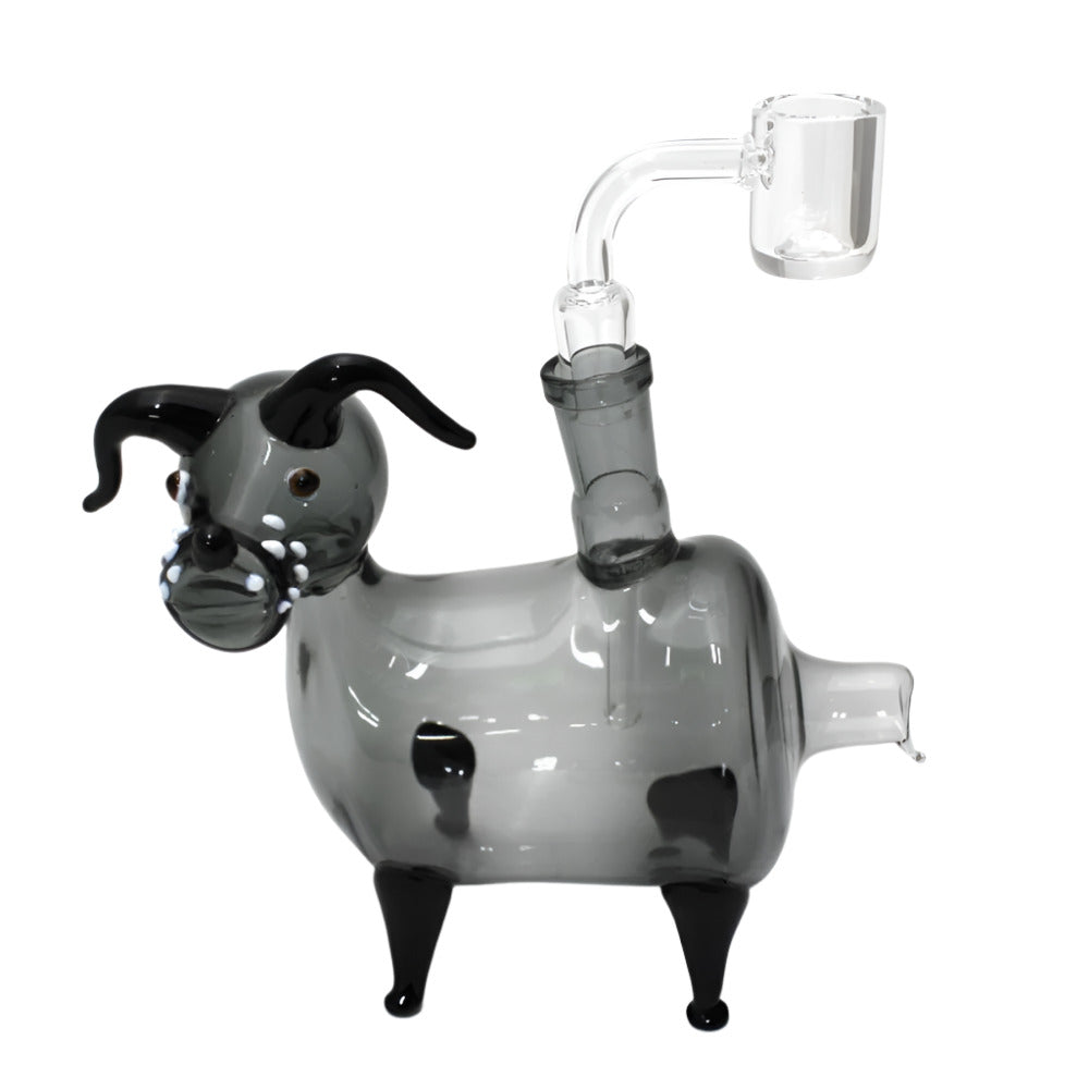Dog design glass pipe with 14mm male bowl and banger, featuring detailed sculpted glasswork, durable construction, smooth polished finish, and unique animal-inspired styling.