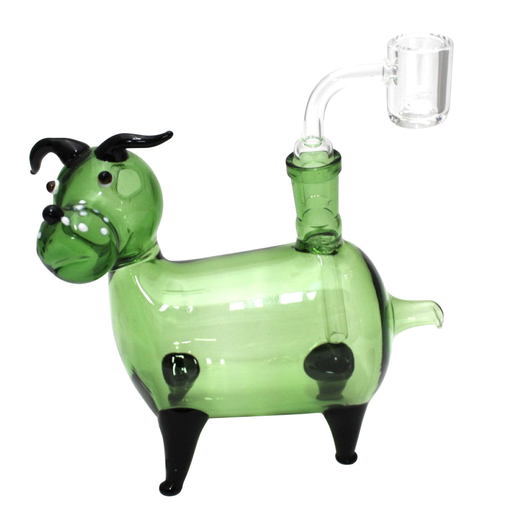 Dog glass pipe featuring a detailed animal-inspired design, durable glass construction, smooth polished finish, 14mm male bowl, and banger.