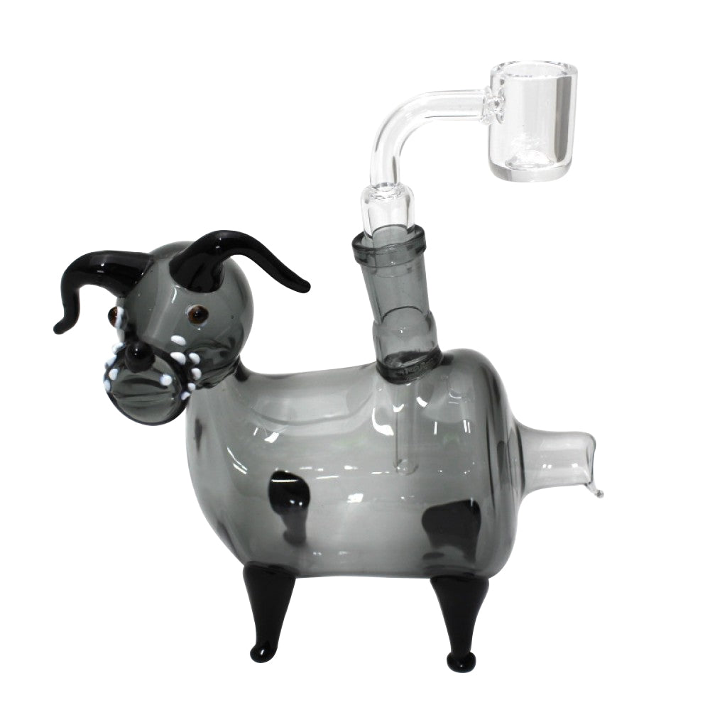 Dog-shaped glass hand pipe with 14mm male bowl and banger, featuring detailed glasswork, durable construction, smooth polished finish, and distinctive animal-inspired styling.