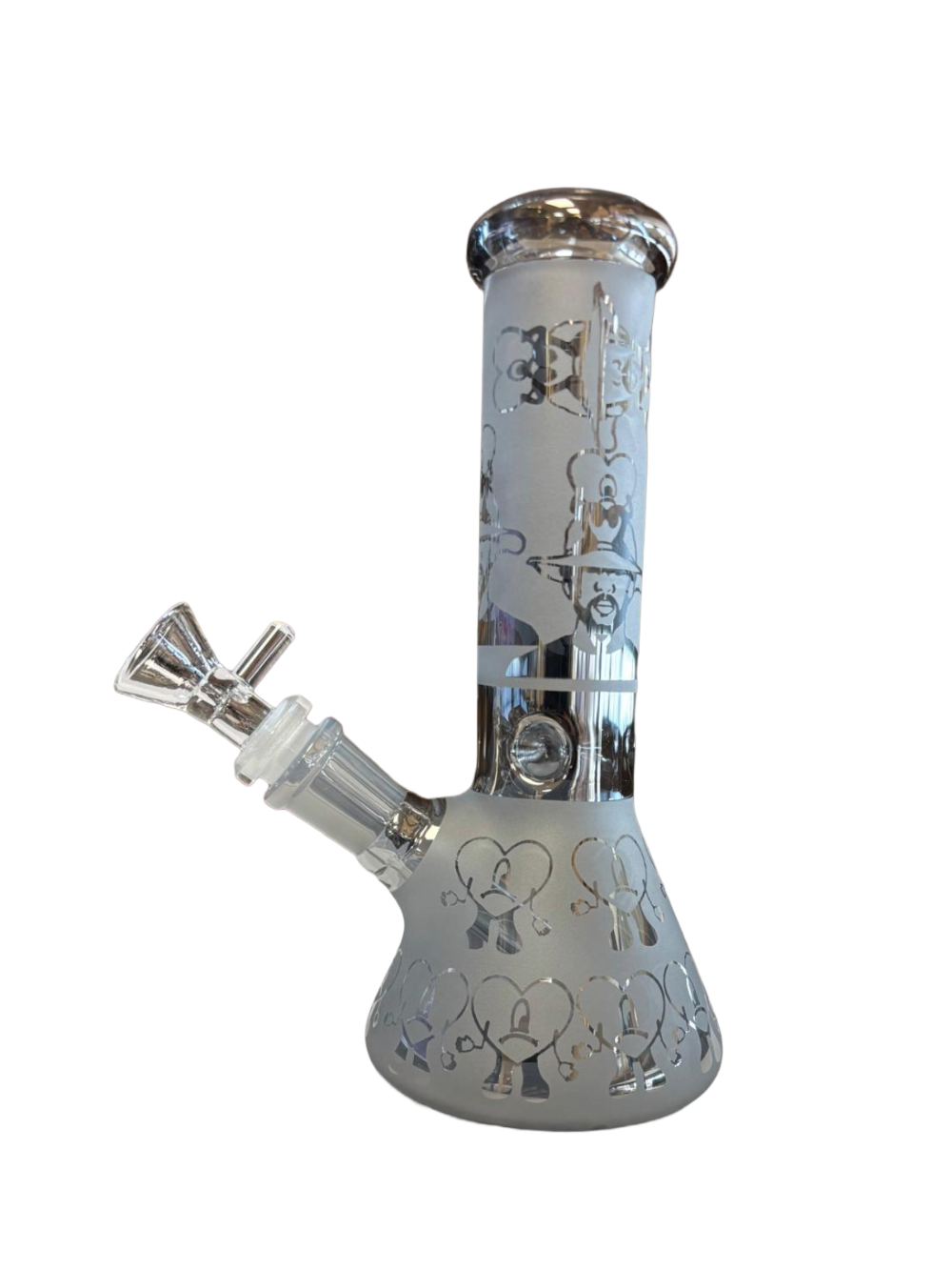 Electroplated beaker bong with metallic hemp leaf design