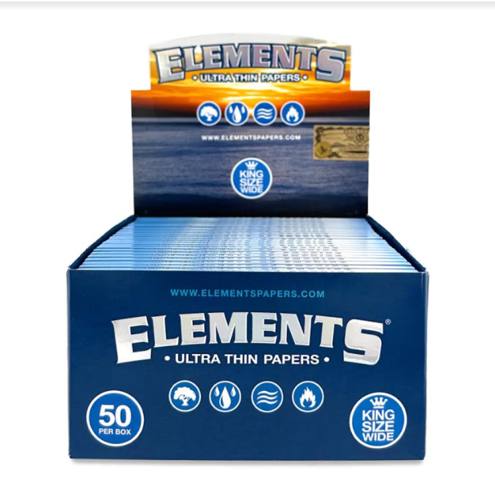 Element Ultra Thin King Size Wide Papers featuring a wide rolling format, lightweight construction, smooth paper texture, and compact retail-ready packaging.