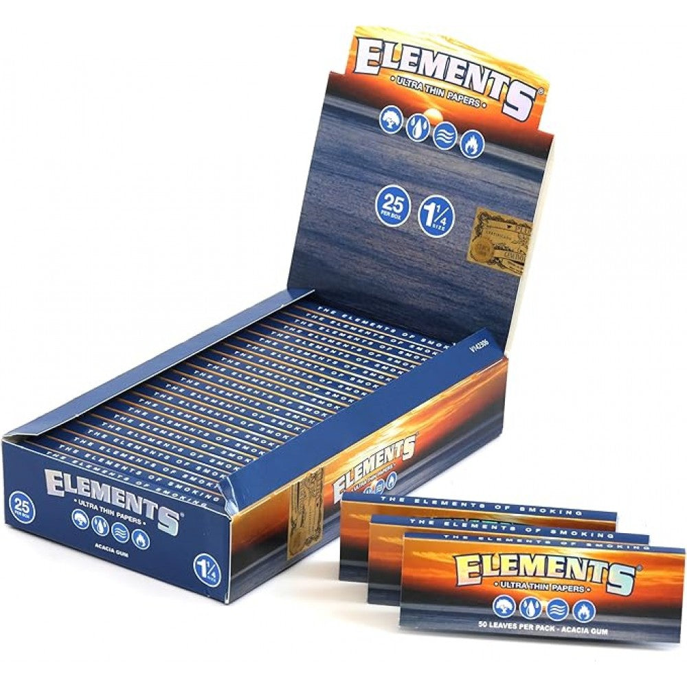 Elements 1 1/4 Size Rolling Papers with 25 papers per pack, featuring lightweight paper construction, smooth texture, and compact packaging.