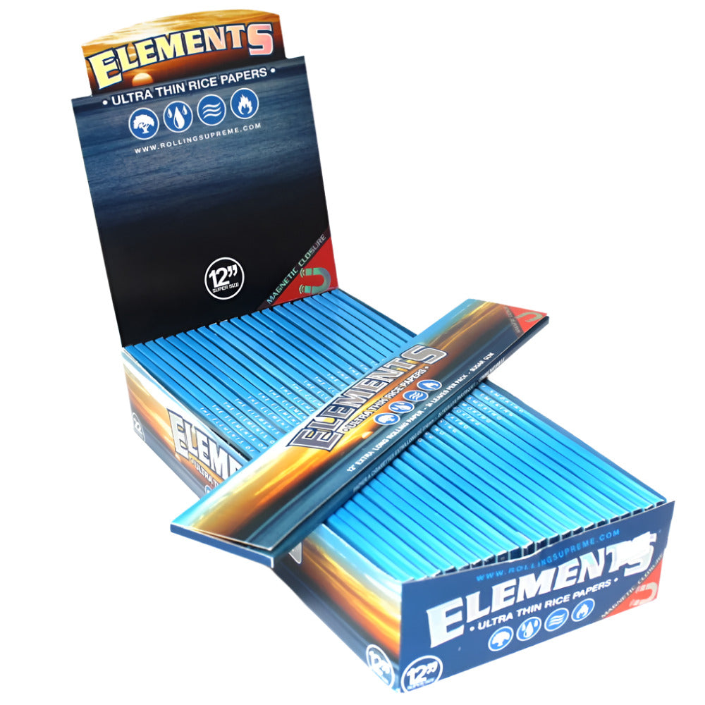 Elements 12-inch Supersize Rolling Papers featuring 22 papers per pack, extra-long format, lightweight construction, smooth texture, and convenient packaging.
