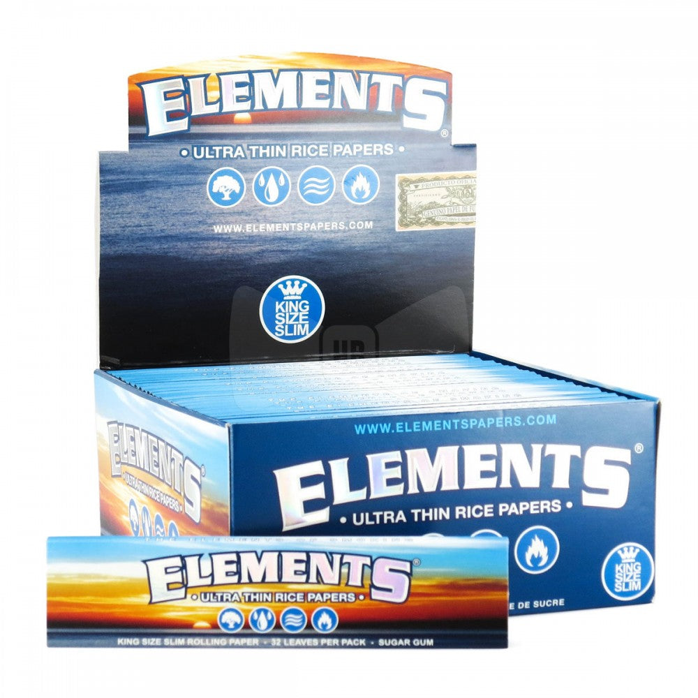Elements King Size Slim Rolling Papers featuring 50 papers per pack, ultra-thin lightweight paper, smooth texture, and convenient retail-ready packaging.