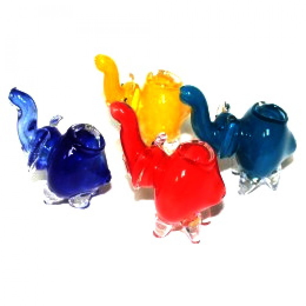 Small size elephant glass pipe featuring a solid color finish, detailed elephant-inspired glasswork, durable glass construction, and smooth polished design.