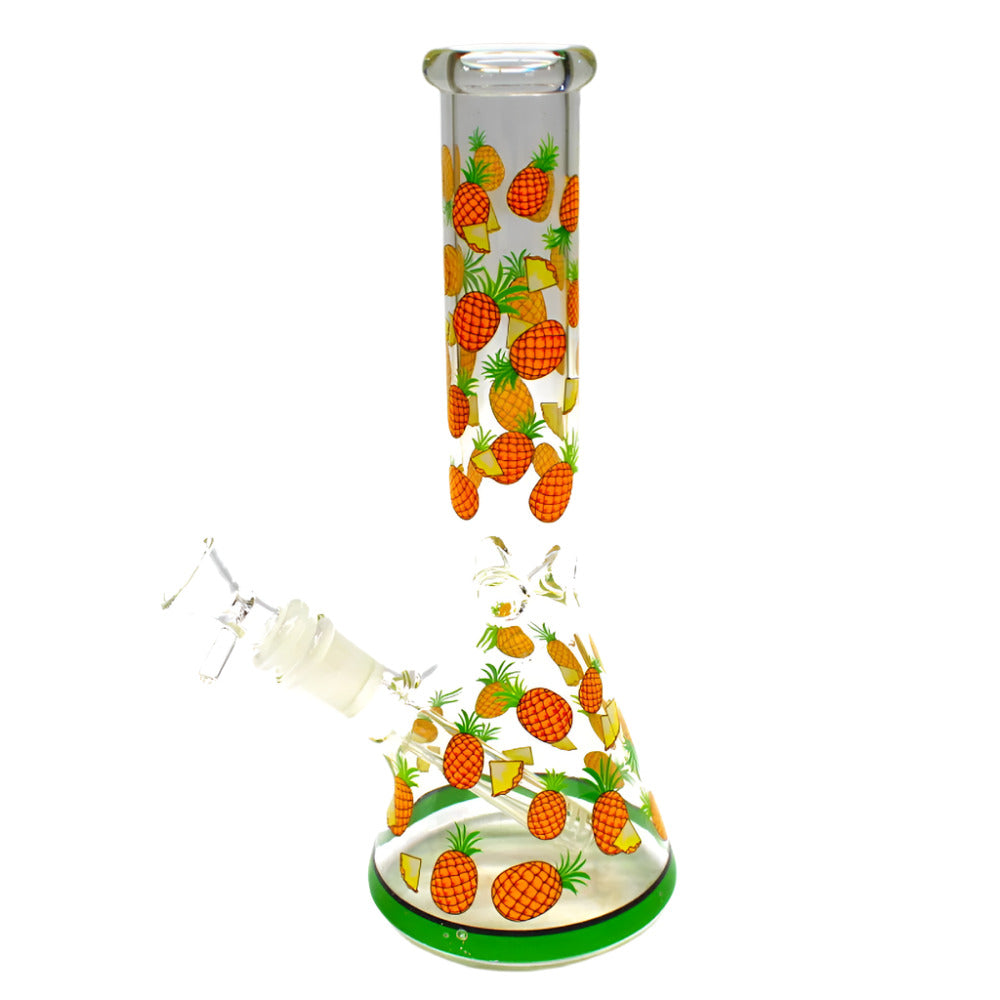 10 Inch Fruit Design Beaker Water Pipe Featuring Colorful Decal Graphics, a 14mm Male Glass Bowl, and a Wide Stable Base