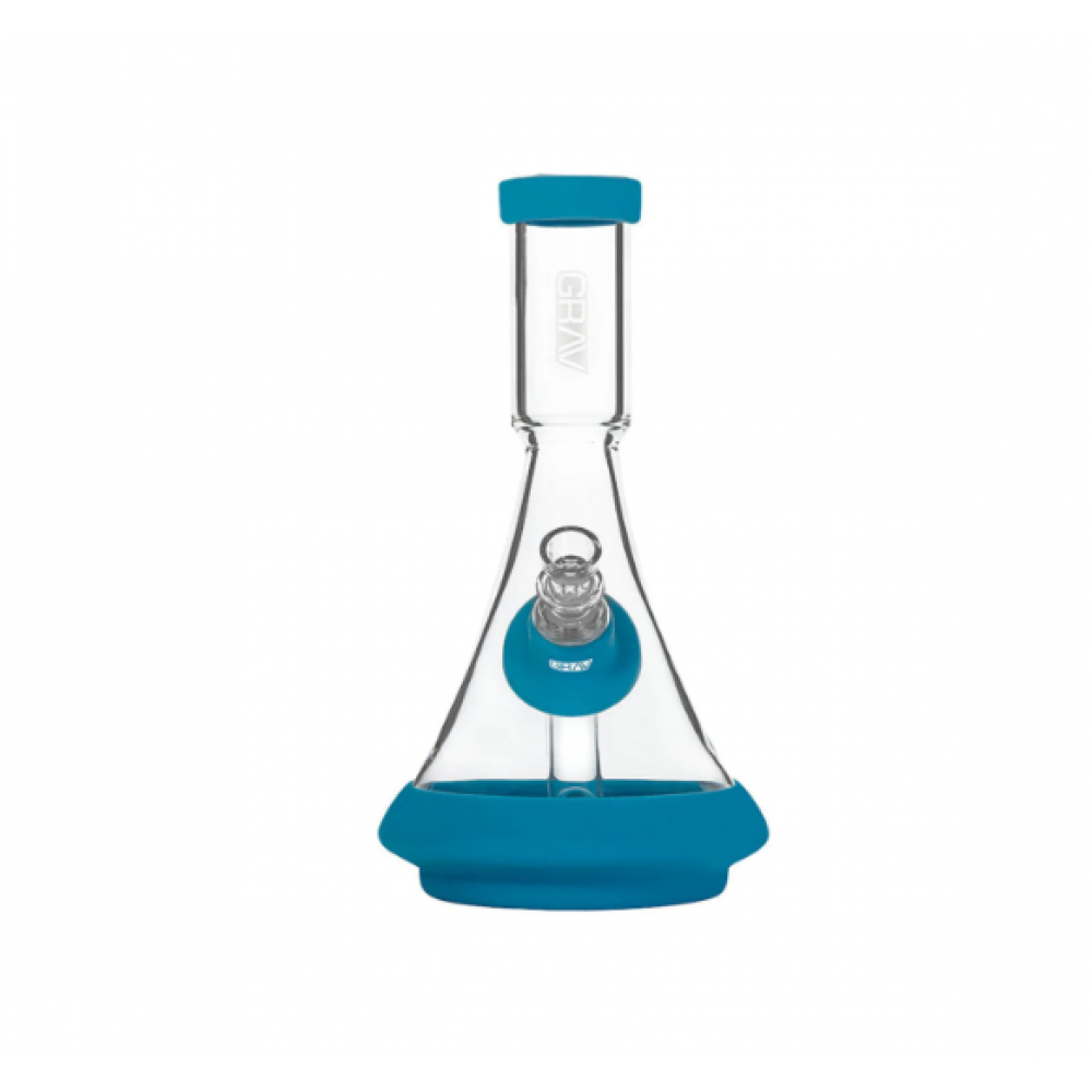 GRAV Deco Silicone Beaker Water Pipe featuring a flexible impact-resistant silicone design, beaker-shaped body, stable base, and decorative finish.