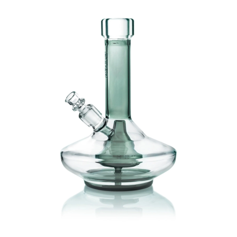GRAV Small Wide Base Water Pipe in Smoke Grey with Clear Accents, featuring a compact design, wide stable base, durable glass construction, and clear detailing.