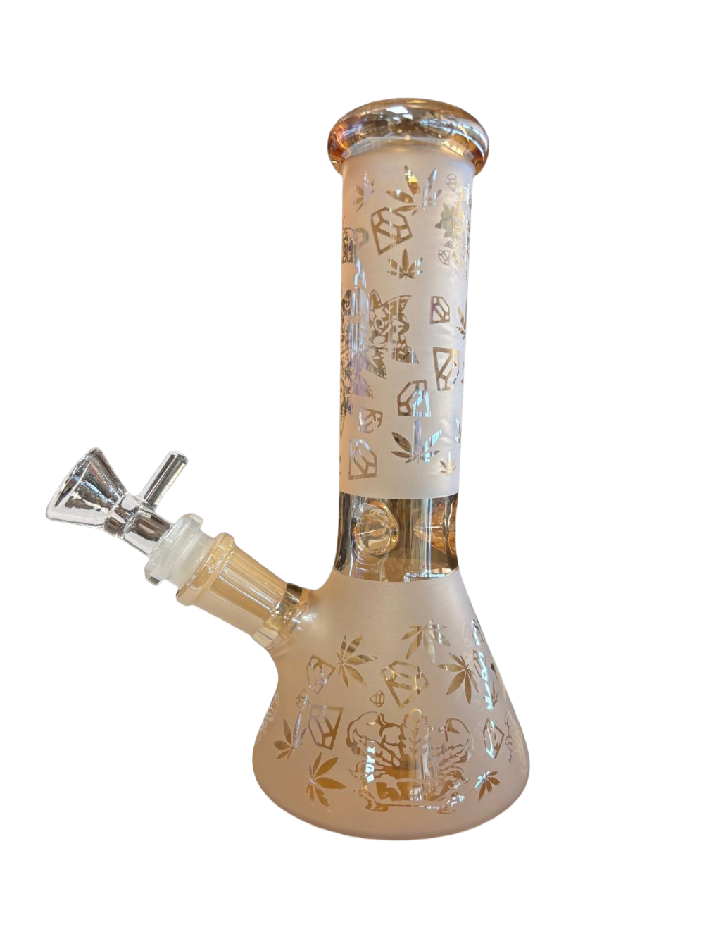 Heavy glass beaker base bong with electroplated hemp leaf pattern