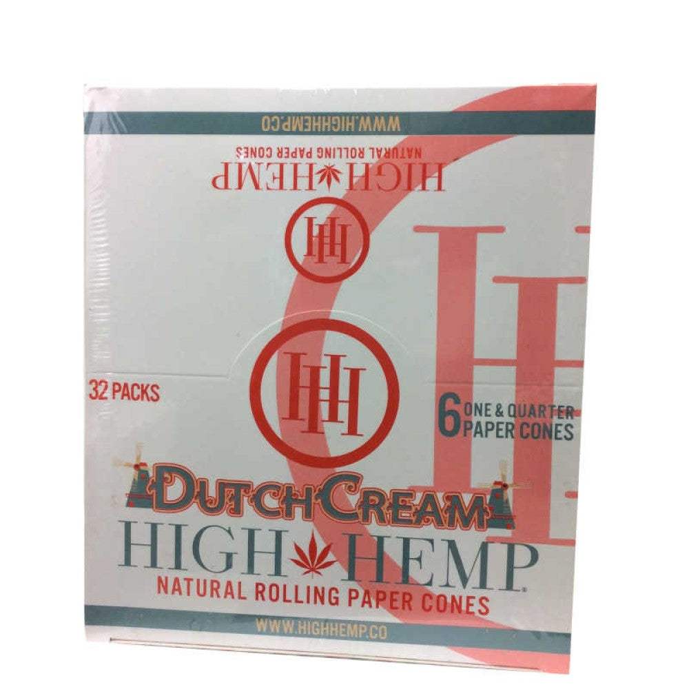 High Hemp 1 1/4 Pre-Rolled Cone featuring hemp-based paper, smooth natural texture, consistent cone shape, lightweight design, and convenient packaging.