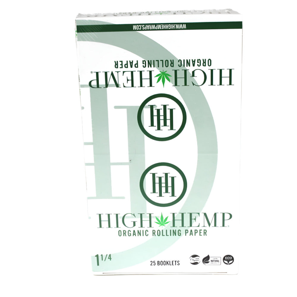 High Hemp Organic Rolling Papers 1 1/4 Size featuring 25 booklets, organic hemp paper construction, lightweight design, smooth texture, and convenient packaging.