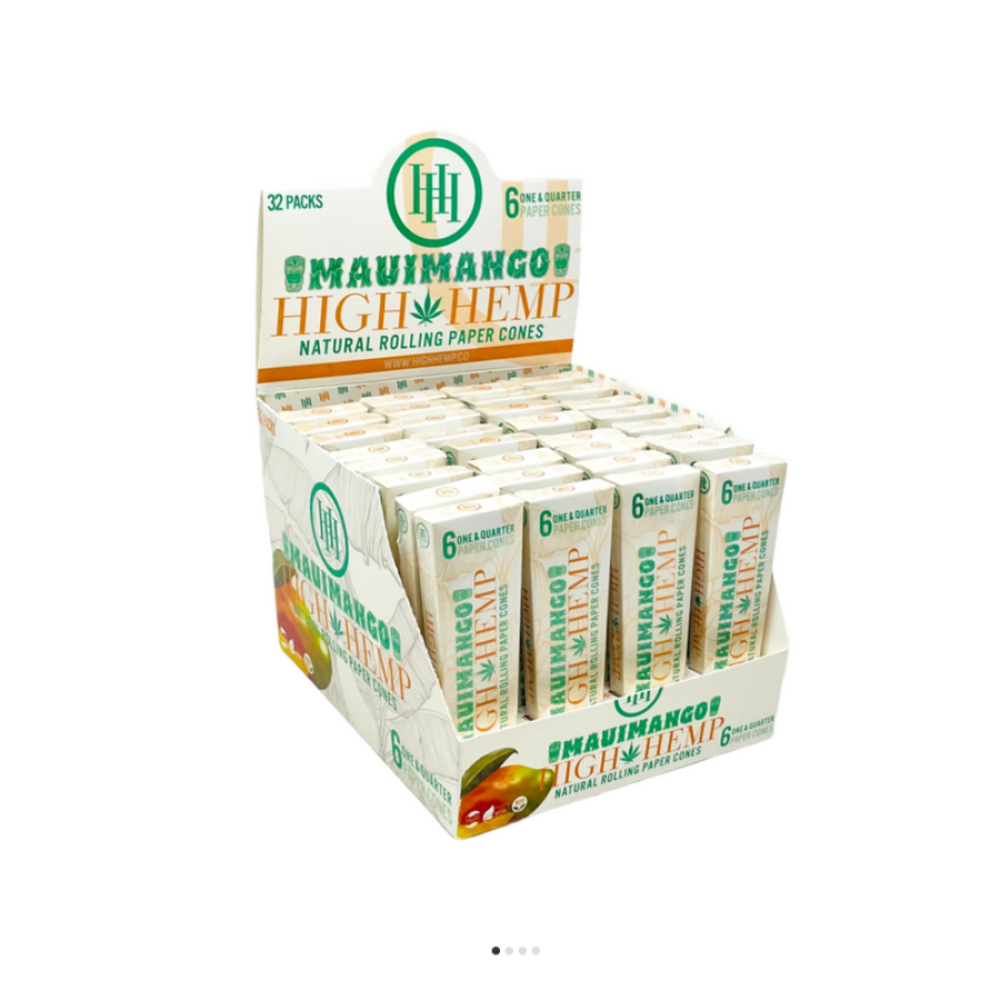 High Hemp Rolling Cones in 1 1/4 size featuring hemp-based paper construction, a ready-to-use pre-rolled cone shape, and compact retail packaging.