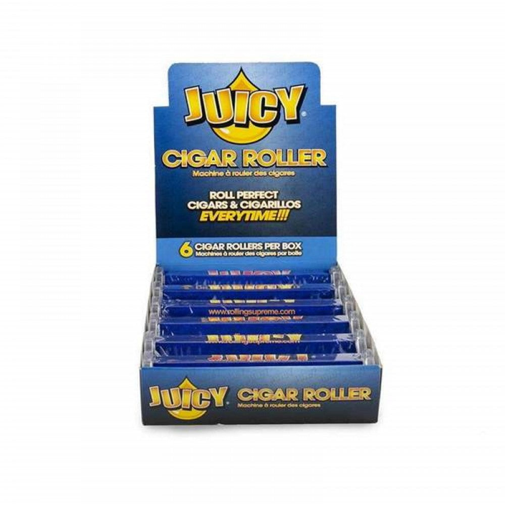 Juicy Cigar Roller 6 Count featuring a compact, durable design, easy-to-use rolling mechanism, lightweight construction, and portable format.
