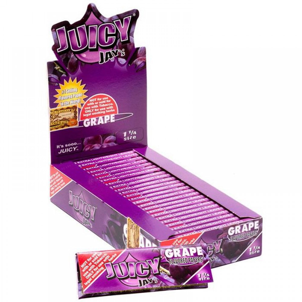 Juicy Jay's 11/4 Grape 24 Pack rolling papers featuring grape flavor, lightweight paper construction, smooth texture, and convenient booklet packaging.