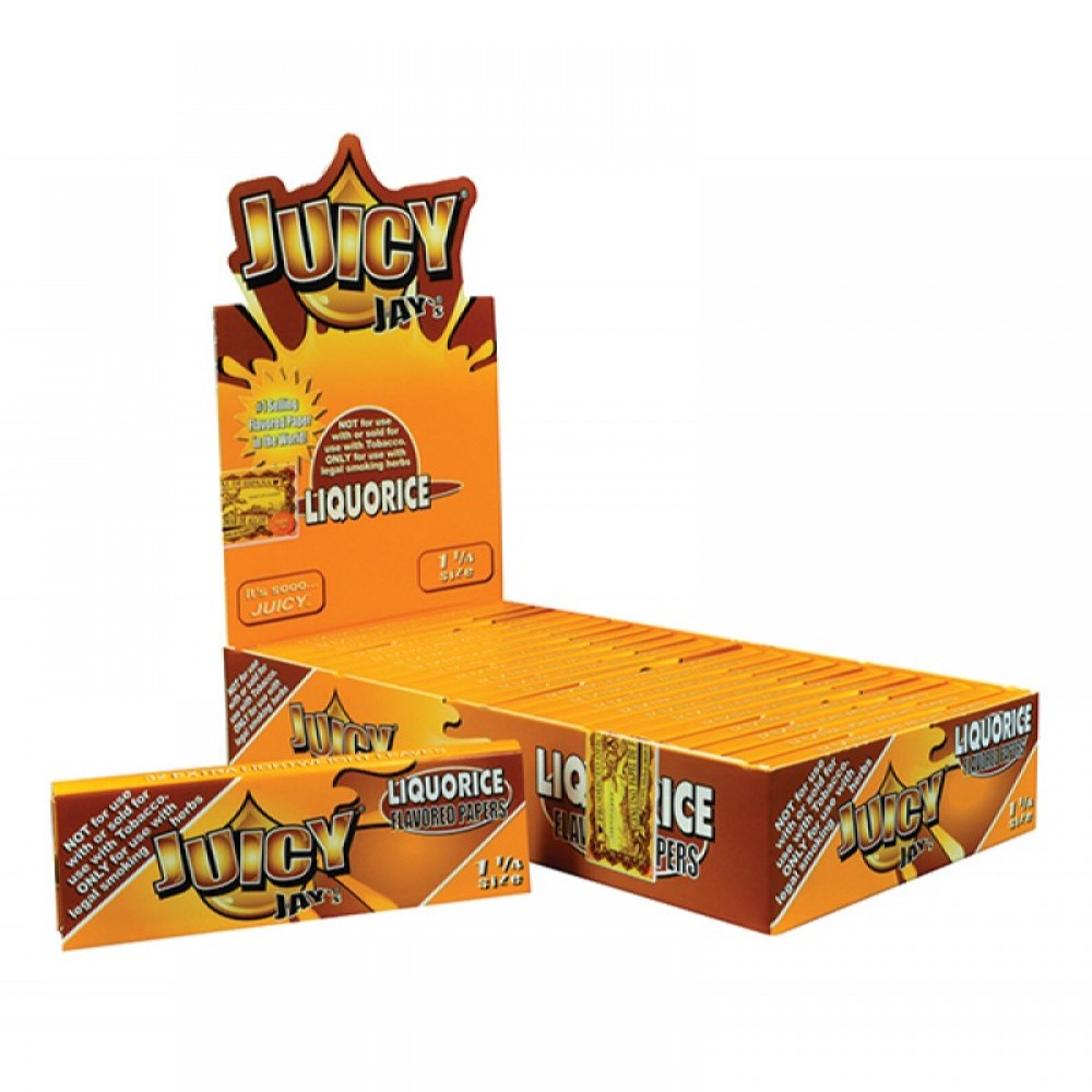Juicy Jay's 11/4 Licorice Ice Rolling Papers come in a 24-pack with flavored paper, lightweight construction, smooth texture, and convenient booklet packaging.