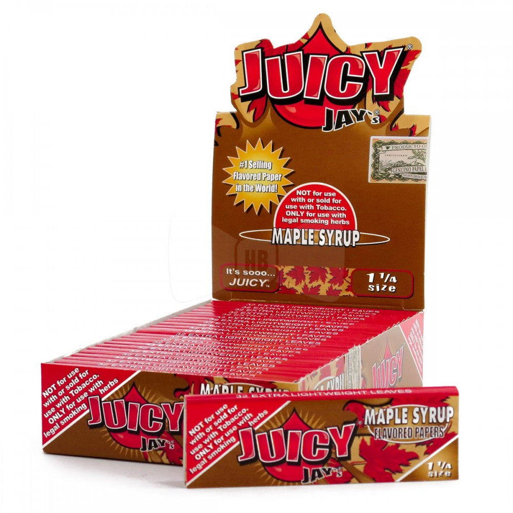 Juicy Jay's 11/4 Maple Syrup 24 Pack rolling papers featuring maple syrup flavor, lightweight paper construction, smooth texture, and convenient booklet packaging.
