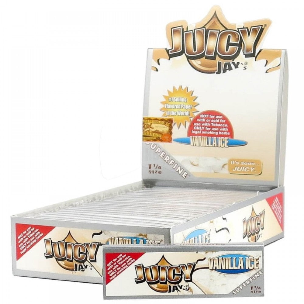 Juicy Jay's 11/4 Vanilla Ice 24 Pack rolling papers featuring vanilla flavor, lightweight paper construction, smooth texture, and convenient booklet packaging.
