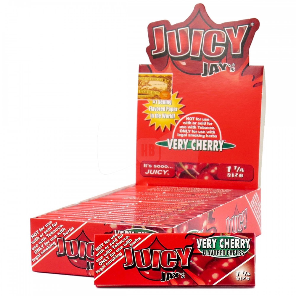 Juicy Jay's 11/4 Very Cherry Rolling Papers featuring a cherry flavor, lightweight paper construction, smooth texture, and convenient booklet packaging.