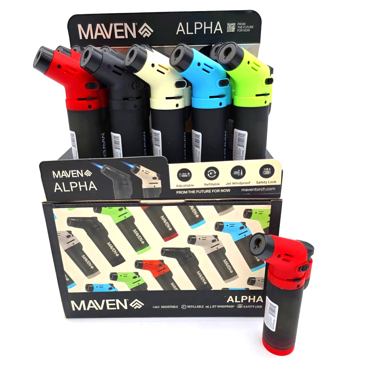 Maven Alpha Torch Lighter Item #98-1176 Featuring a Modern Design and Retail Display Packaging with 15 Pieces Per Display for Wholesale and Retail Supply