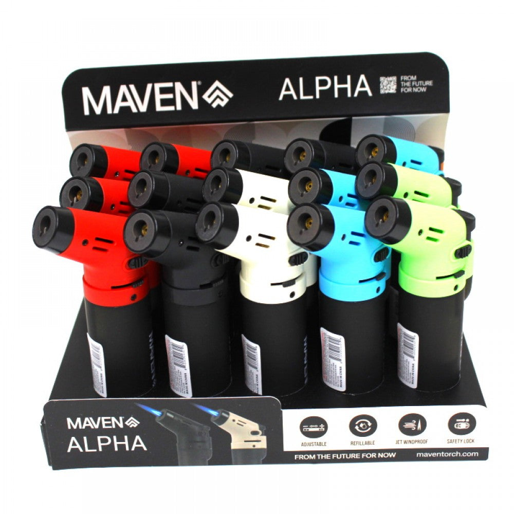 Maven Alpha Torch Lighter 15-Piece Display, Item #98-1176, Featuring Sleek Styling and Organized Packaging for Convenient Retail Presentation and Wholesale Distribution