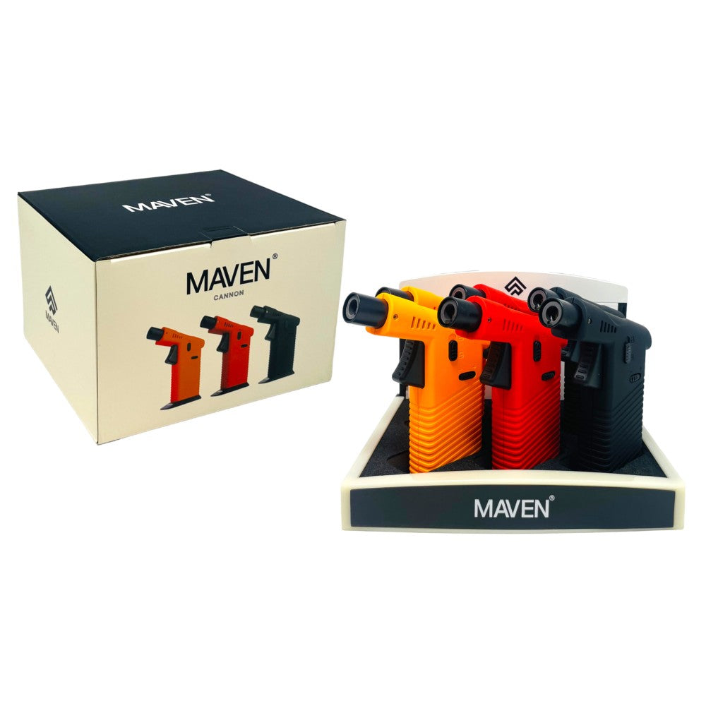 Maven Cannon Torch Lighter 6-Piece Box Featuring Distinctive Cannon-Inspired Styling and Modern Product Design for Retail Shelves and Wholesale Inventory.