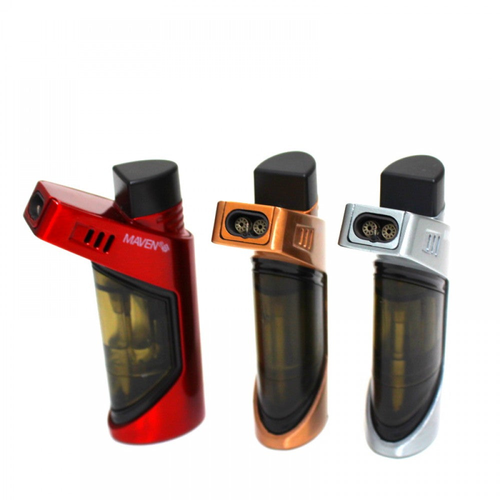 Maven Duo Double Jet Flame Torch Lighter Display with 9 Pieces, Featuring a Sleek Modern Design and Dual Jet Flame System for Retail Displays and Wholesale Inventory.