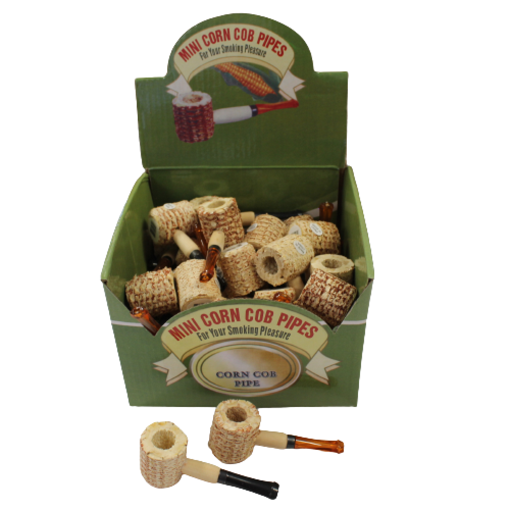 Mini corn cob pipes featuring a traditional natural design, lightweight construction, rustic appearance, and 36 pipes per pack.