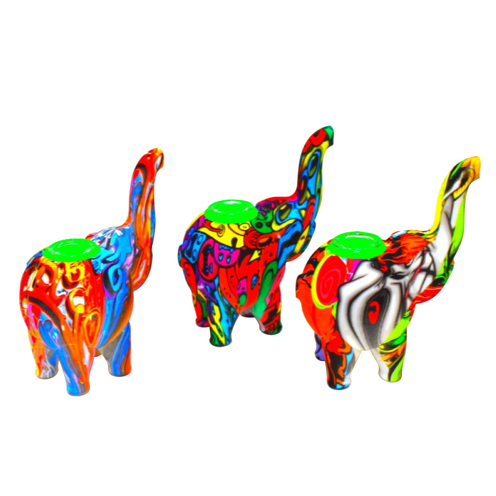 Multi color silicone elephant bubbler with glass bowl, featuring a colorful elephant-inspired design, durable flexible silicone construction, and compact styling.