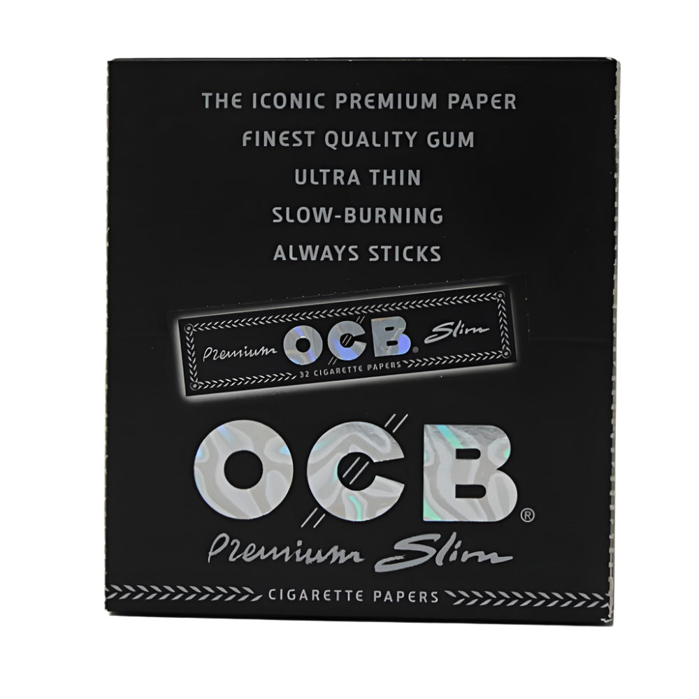 OCB Premium Slim Cigarette Papers featuring thin, lightweight premium rolling papers in convenient booklet packaging, with 24 booklets per pack.