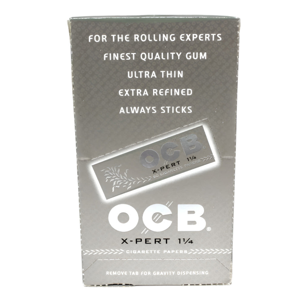 OCB X-Pert 1¼ Ultra Thin Rolling Papers featuring lightweight paper, smooth even burn, convenient booklet packaging, and 25 papers per pack.