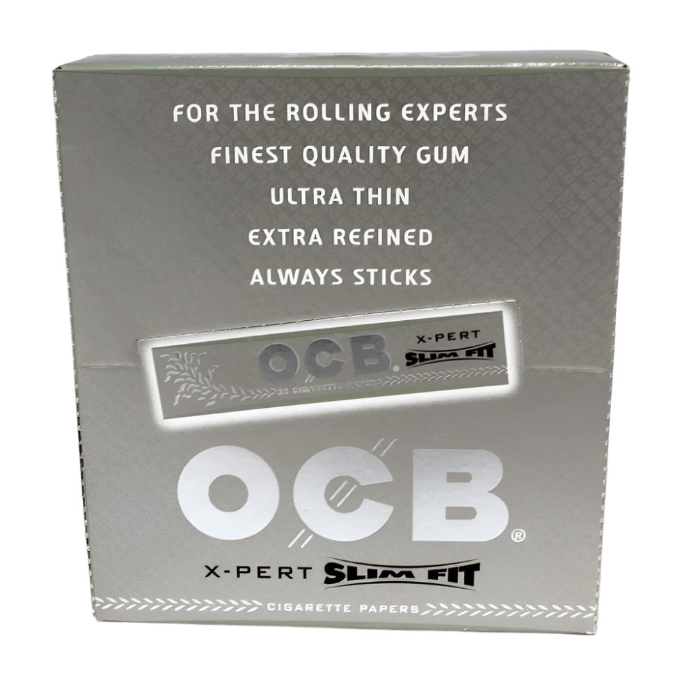OCB X-Pert Slim Fit Cigarette Papers featuring ultra-thin lightweight paper, slim size, smooth even burn, and 24 booklets per pack.