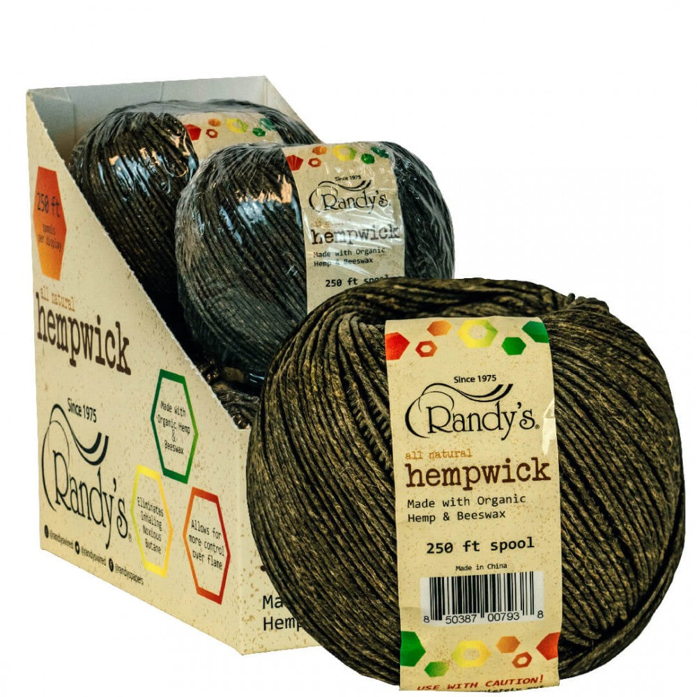 Randy's Hemp Wick 250 ft featuring natural hemp wick rolls with 4 rolls per display, long-length design, and convenient retail packaging.
