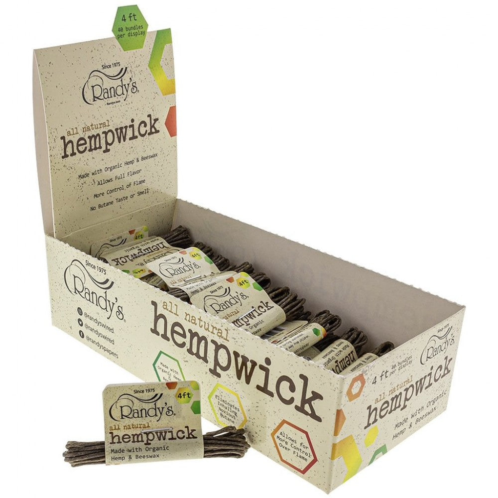 Randy's Hemp Wick 4 ft Bundle featuring natural hemp wick, convenient pre-cut length, and 40 bundles per box in retail-ready packaging.