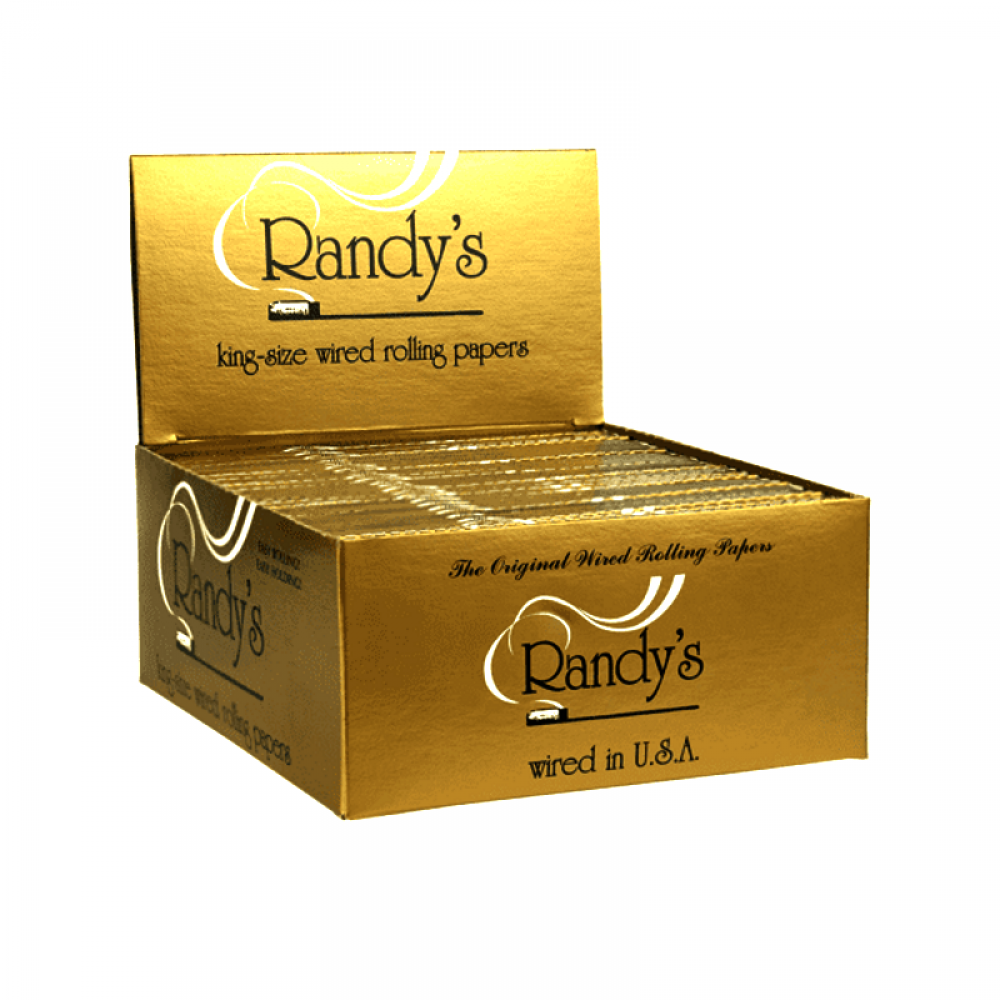 Randy's King Size Gold Rolling Papers featuring premium thin paper, king-size format, smooth even burn, and 25 papers per pack.