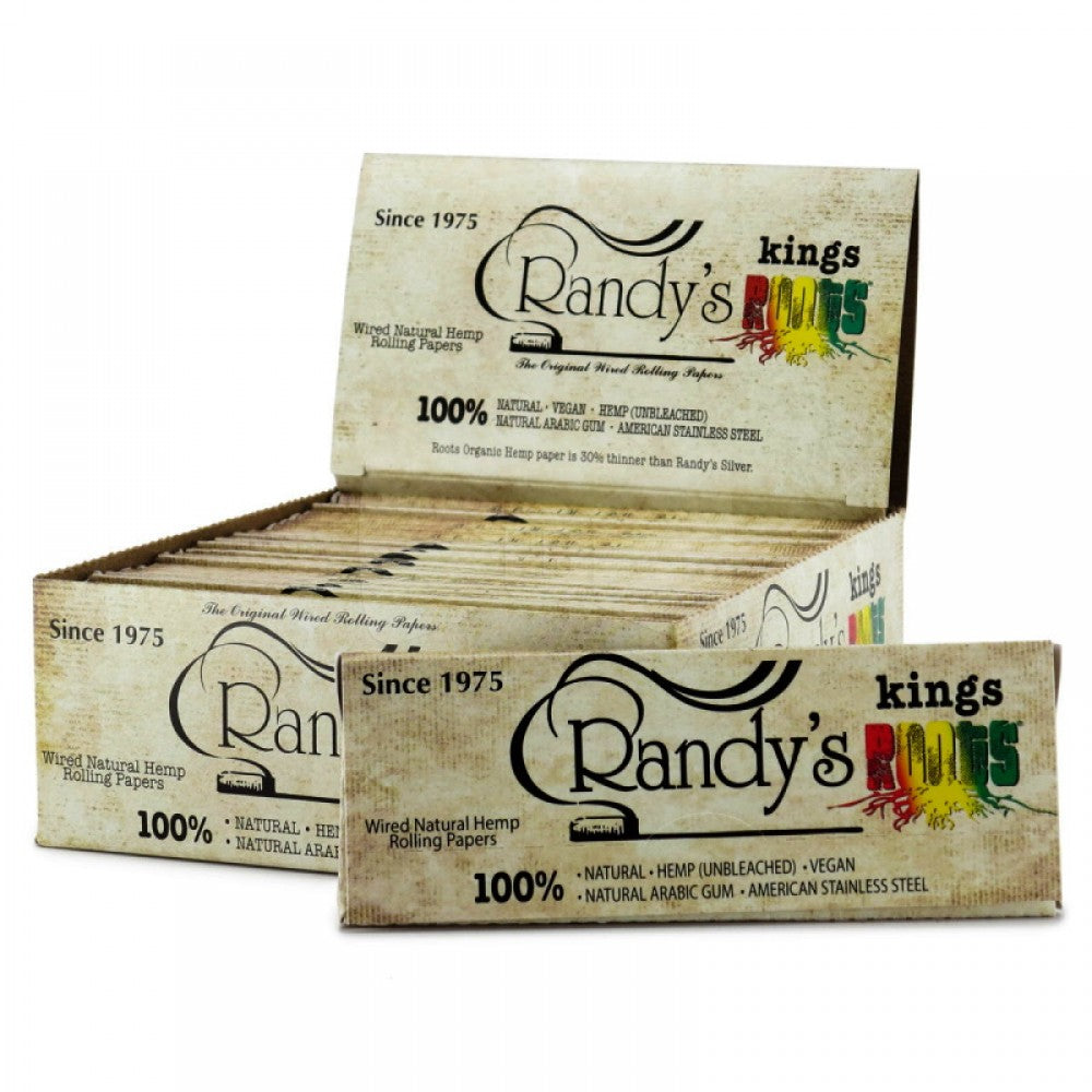 Randy's Roots King Size Organic Hemp Rolling Papers featuring organic hemp paper, thin lightweight construction, and 25 papers per pack.