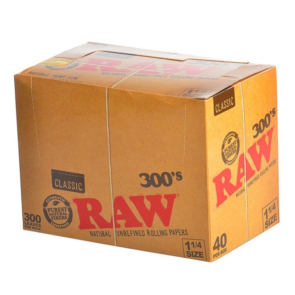 RAW 300's Classic 1¼ Size Rolling Papers featuring lightweight natural paper, classic RAW design, convenient booklet packaging, and 40 papers per pack.