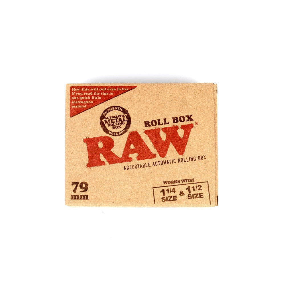 RAW 79mm Adjustable Automatic Cigarette Rolling Box featuring an adjustable design, automatic rolling mechanism, durable construction, and compact portable size.