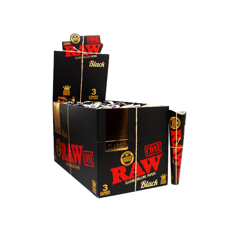 RAW Black Classic King Size Pre-Rolled Cones featuring 3 cones per pack, 32 packs per box, premium paper, and 96 cones total.