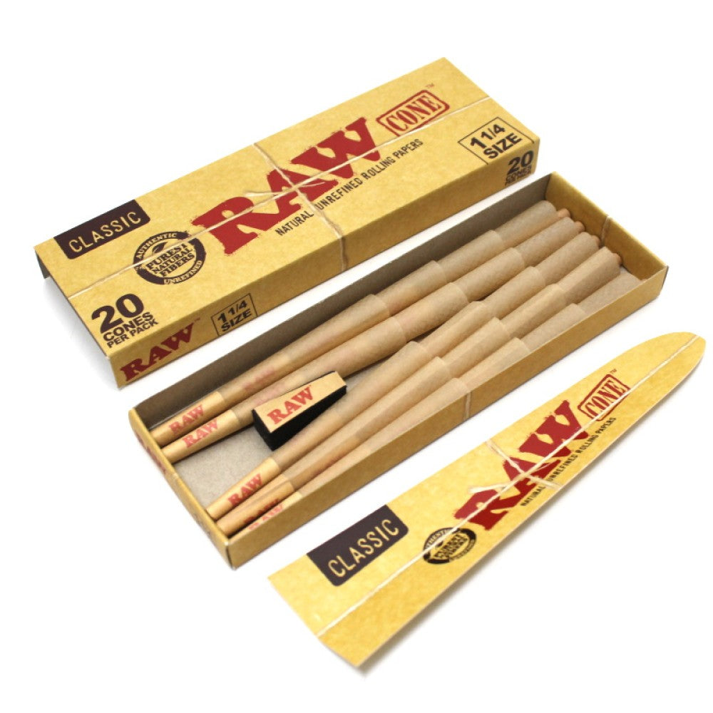 RAW Classic 1¼ Size Cones available in 12 and 20 count packs, featuring pre-rolled cone design, RAW Classic paper, and compact retail packaging.
