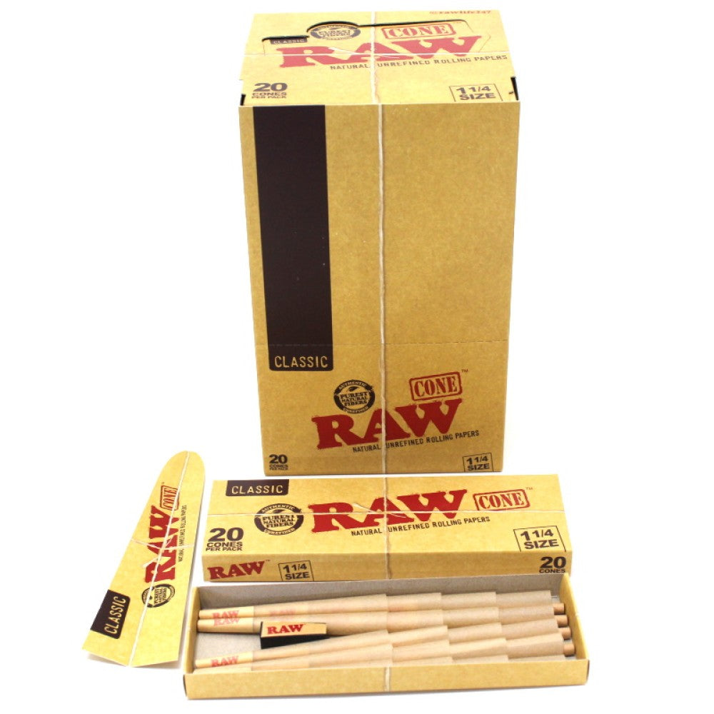 RAW Classic 1¼ Size Pre-Rolled Cones available in 12 and 20 packs, featuring RAW Classic paper, consistent cone shape, and convenient packaging.