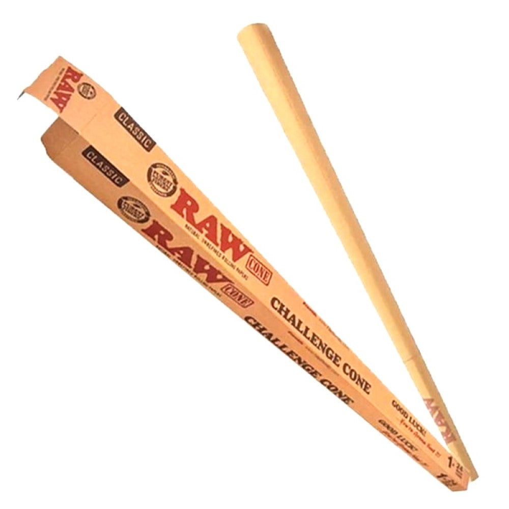 RAW Classic 24-inch Challenger Pre-Rolled Cones featuring an oversized design, RAW Classic paper, convenient pre-rolled format, and distinctive retail packaging.