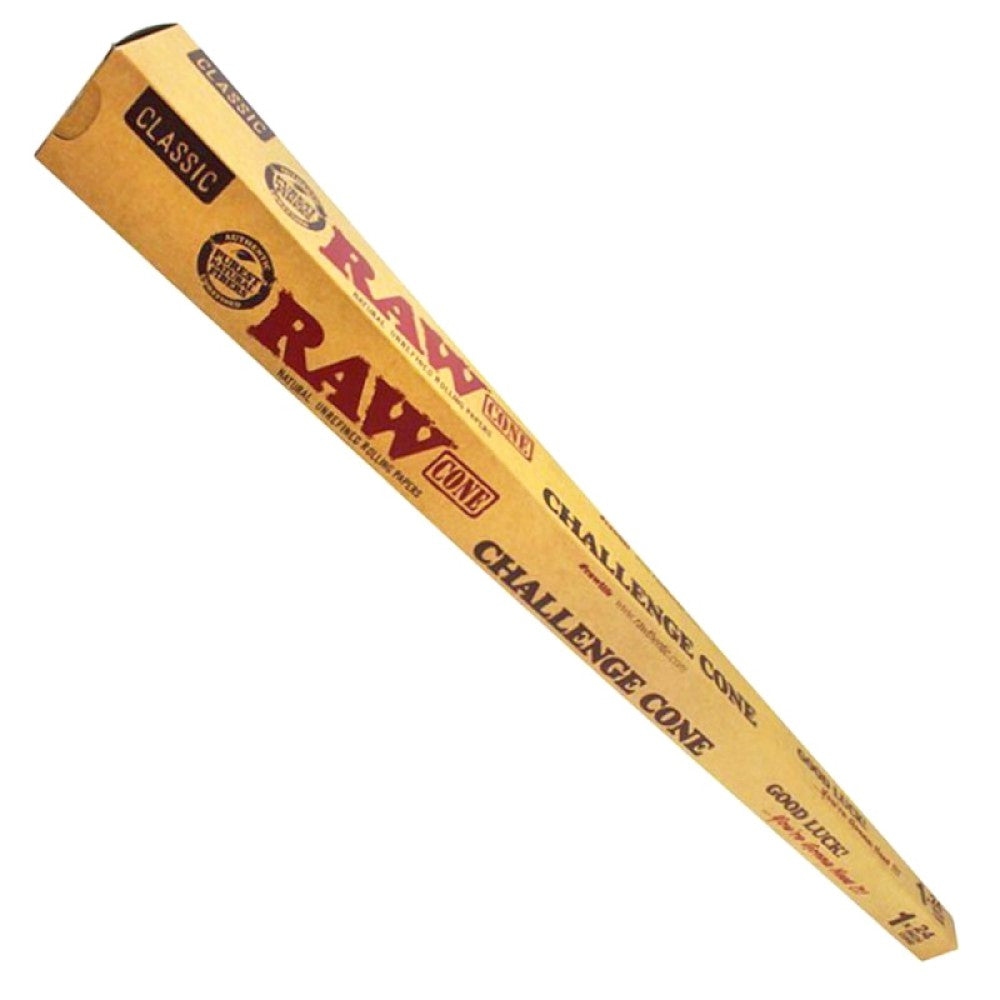 RAW Classic 24-inch Challenger Pre-Rolled Cones featuring a large format, RAW Classic paper, pre-rolled cone design, and recognizable retail packaging.
