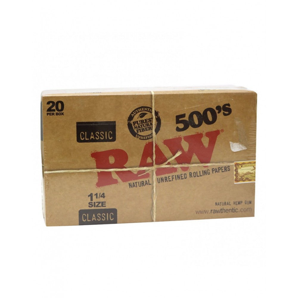 RAW Classic 500's 1¼ Size Rolling Papers featuring 500 papers per booklet, thin lightweight paper, natural brown appearance, and 20 booklets per pack.
