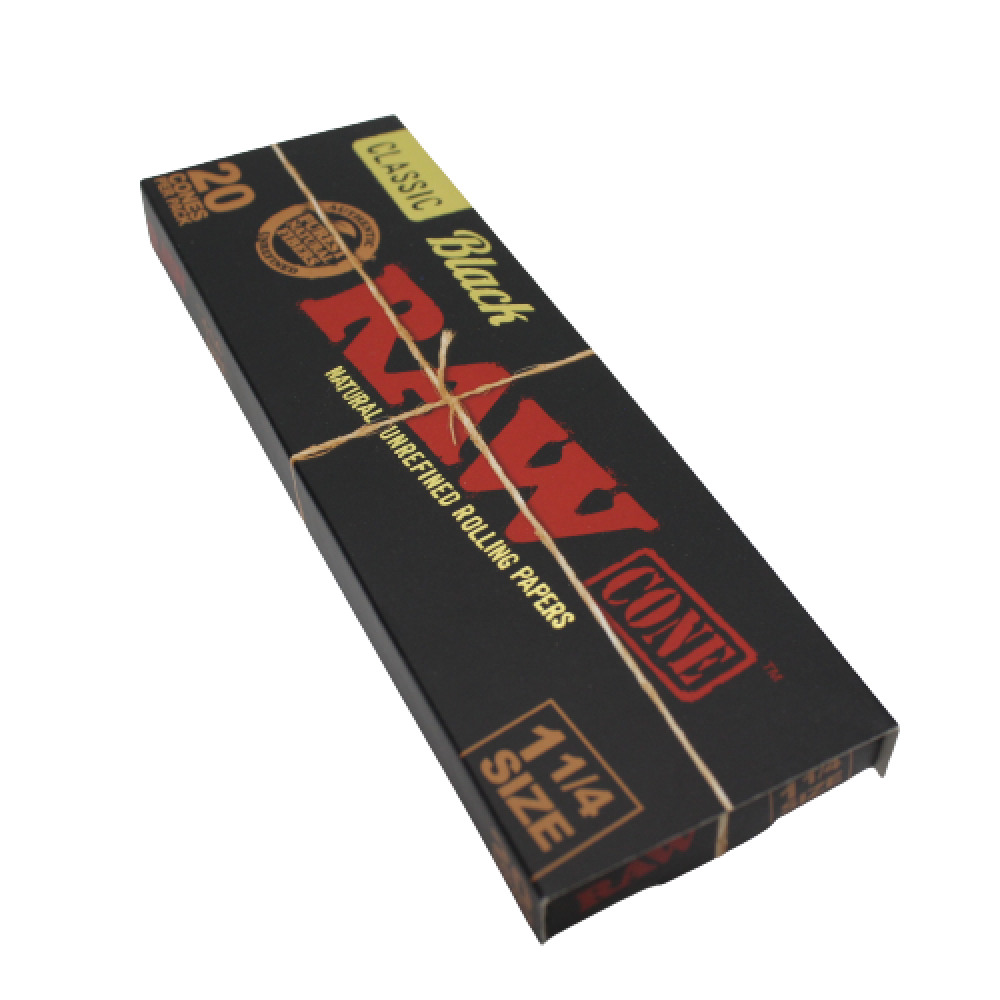RAW Classic Black 1¼ Size Pre-Rolled Cones with 20 cones per pack and 12 packs per box, featuring sleek black packaging and convenient pre-rolled design.