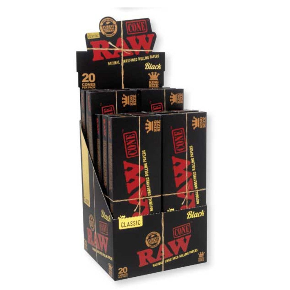 RAW Classic Black King Size Cones featuring 20 pre-rolled cones per pack, 12 packs per display, sleek black design, and retail-ready packaging.