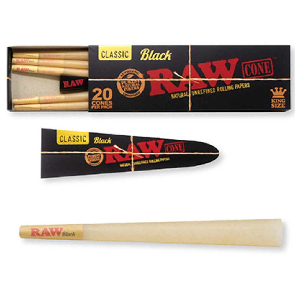 RAW Classic Black King Size Pre-Rolled Cones featuring 20 cones per pack, 12 packs per display, sleek black packaging, and recognizable RAW branding.